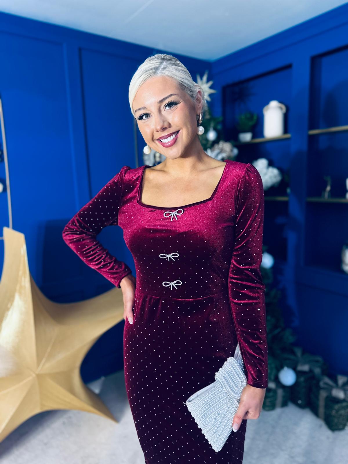 Gabby Bow Detail Velvet Midi Dress Wine