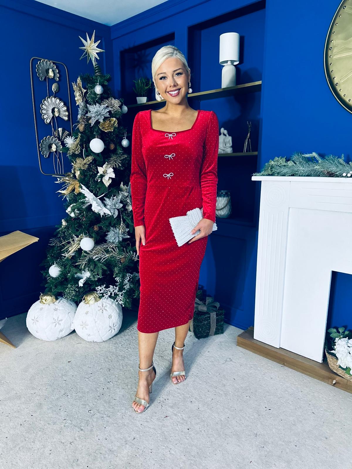 Gabby Bow Detail Velvet Midi Dress Red