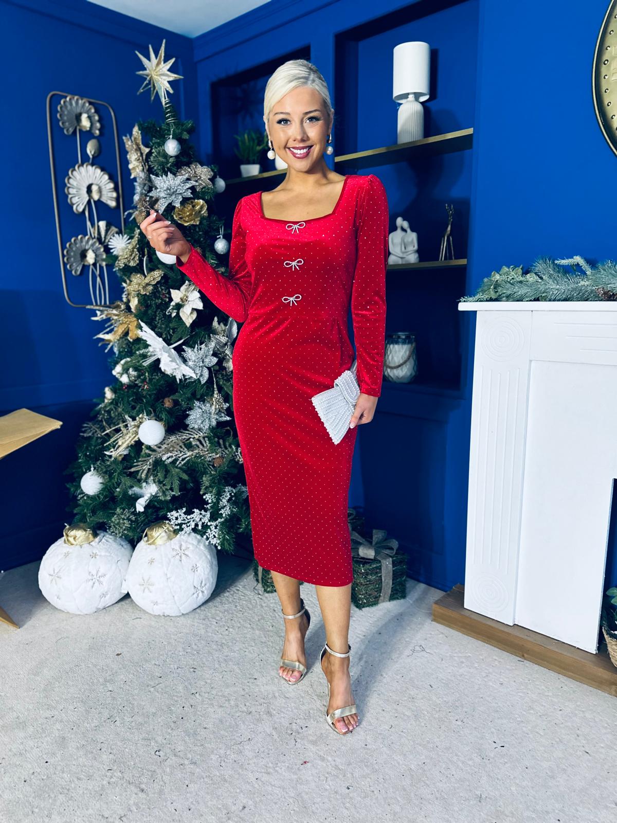 Gabby Bow Detail Velvet Midi Dress Red