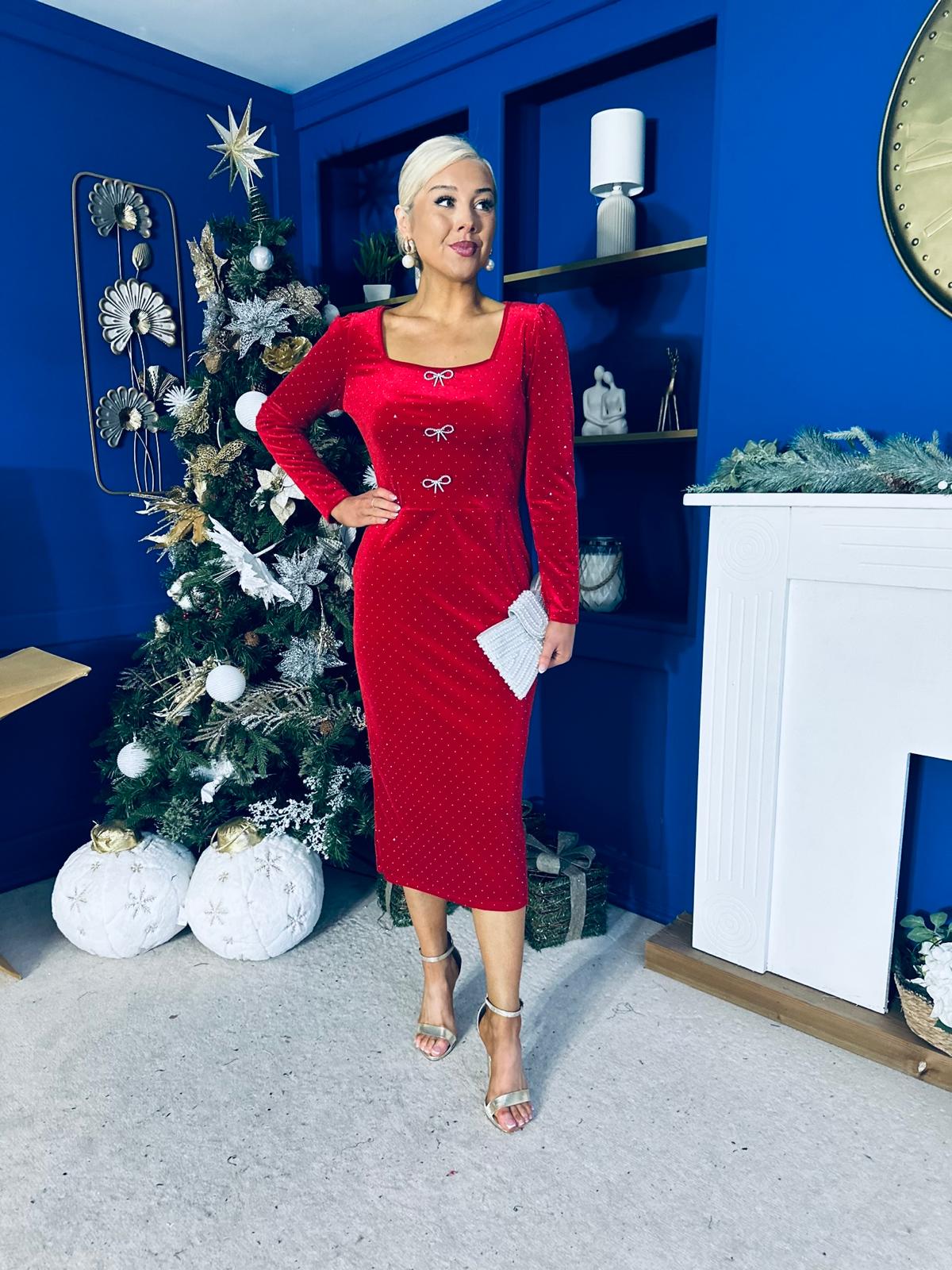 Gabby Bow Detail Velvet Midi Dress Red