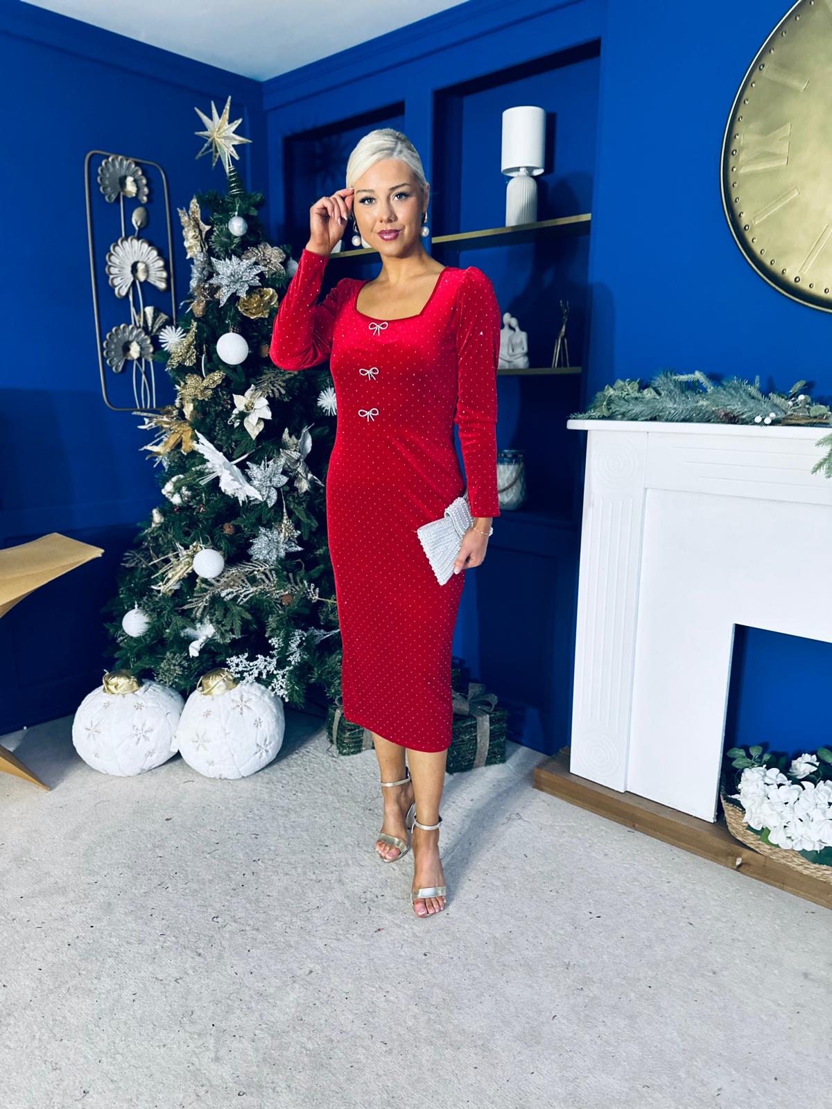 Gabby Bow Detail Velvet Midi Dress Red