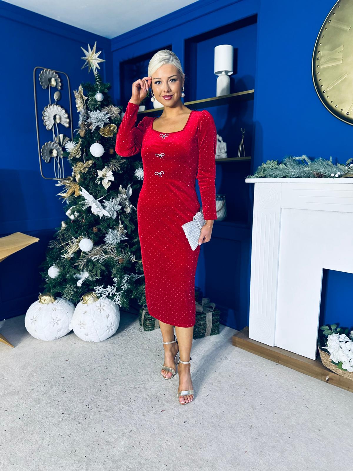 Gabby Bow Detail Velvet Midi Dress Red