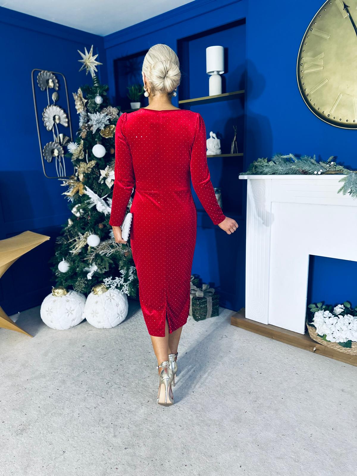 Gabby Bow Detail Velvet Midi Dress Red – Canella Lane