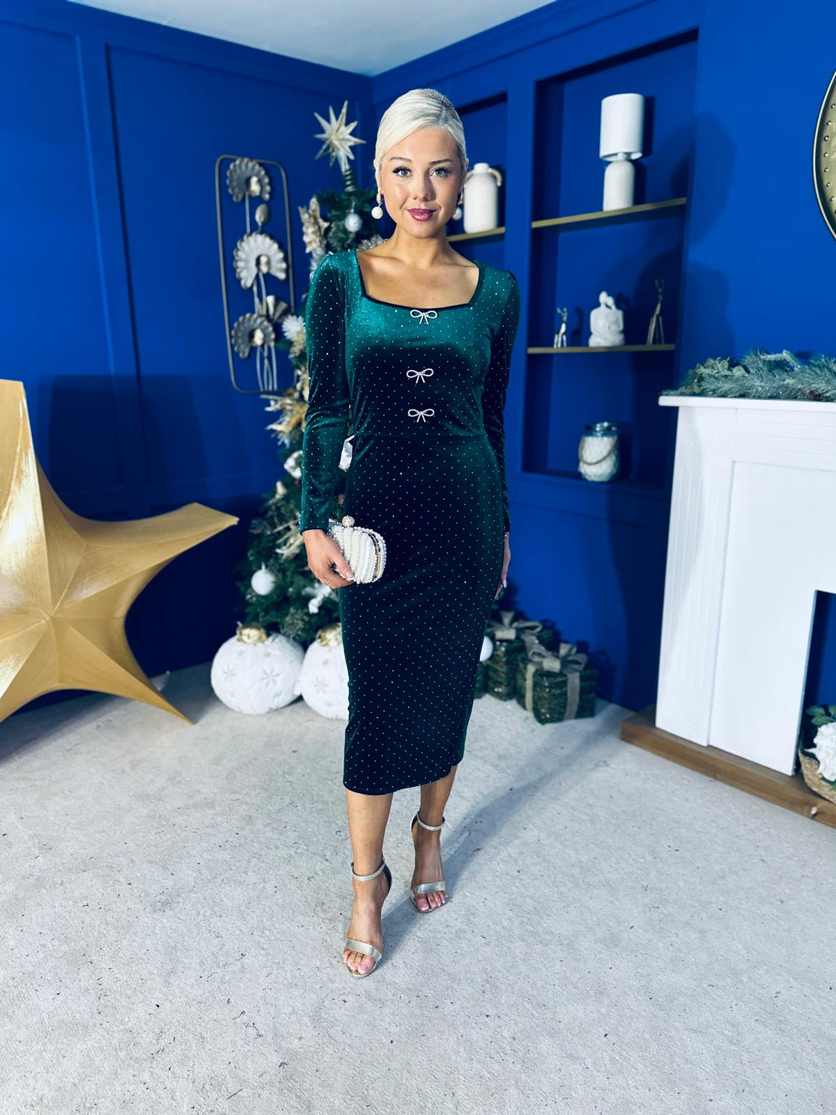 Gabby Bow Detail Velvet Midi Dress Forest