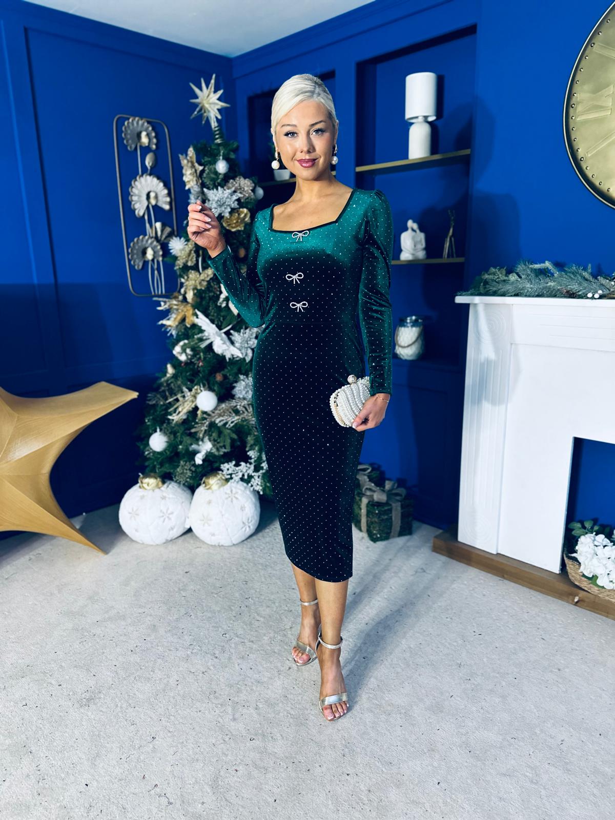 Gabby Bow Detail Velvet Midi Dress Forest