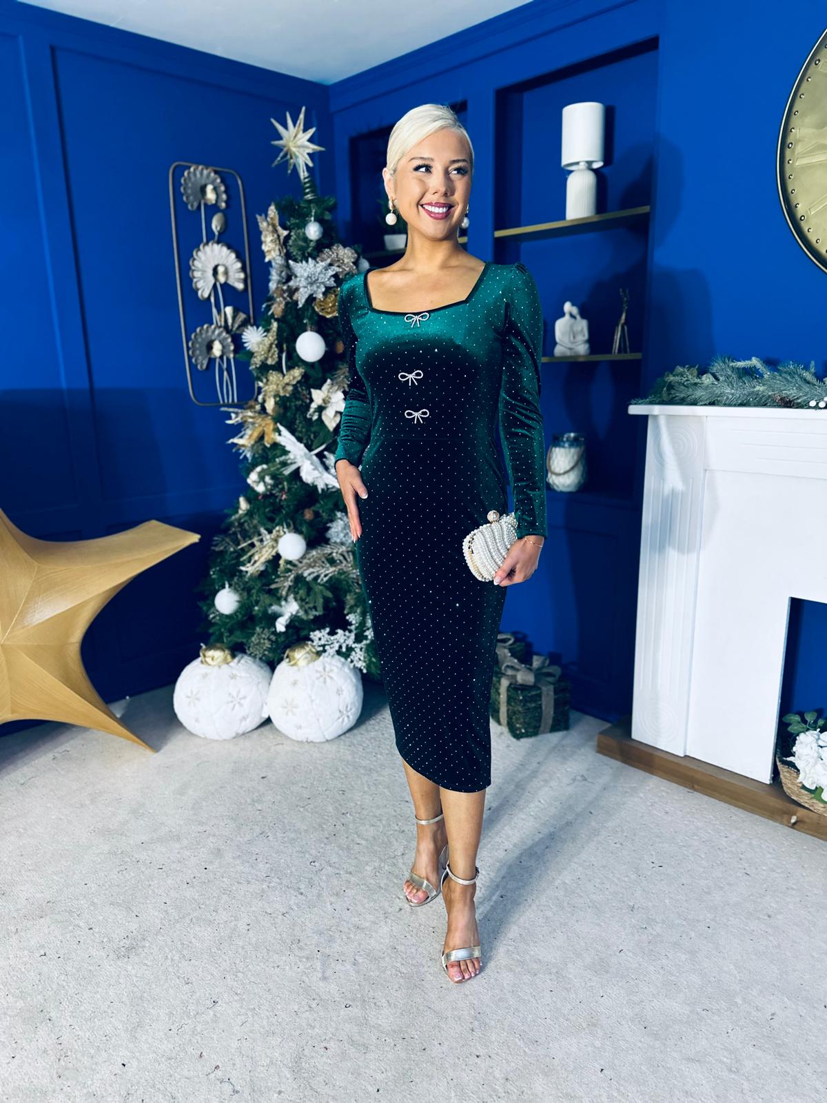 Gabby Bow Detail Velvet Midi Dress Forest