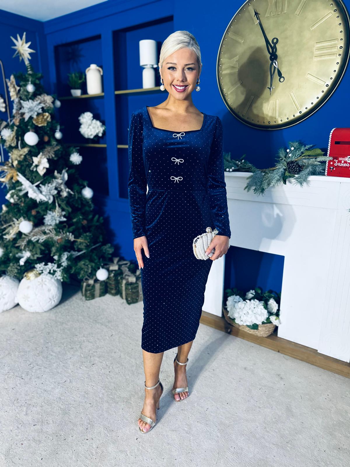 Gabby Bow Detail Velvet Midi Dress Navy