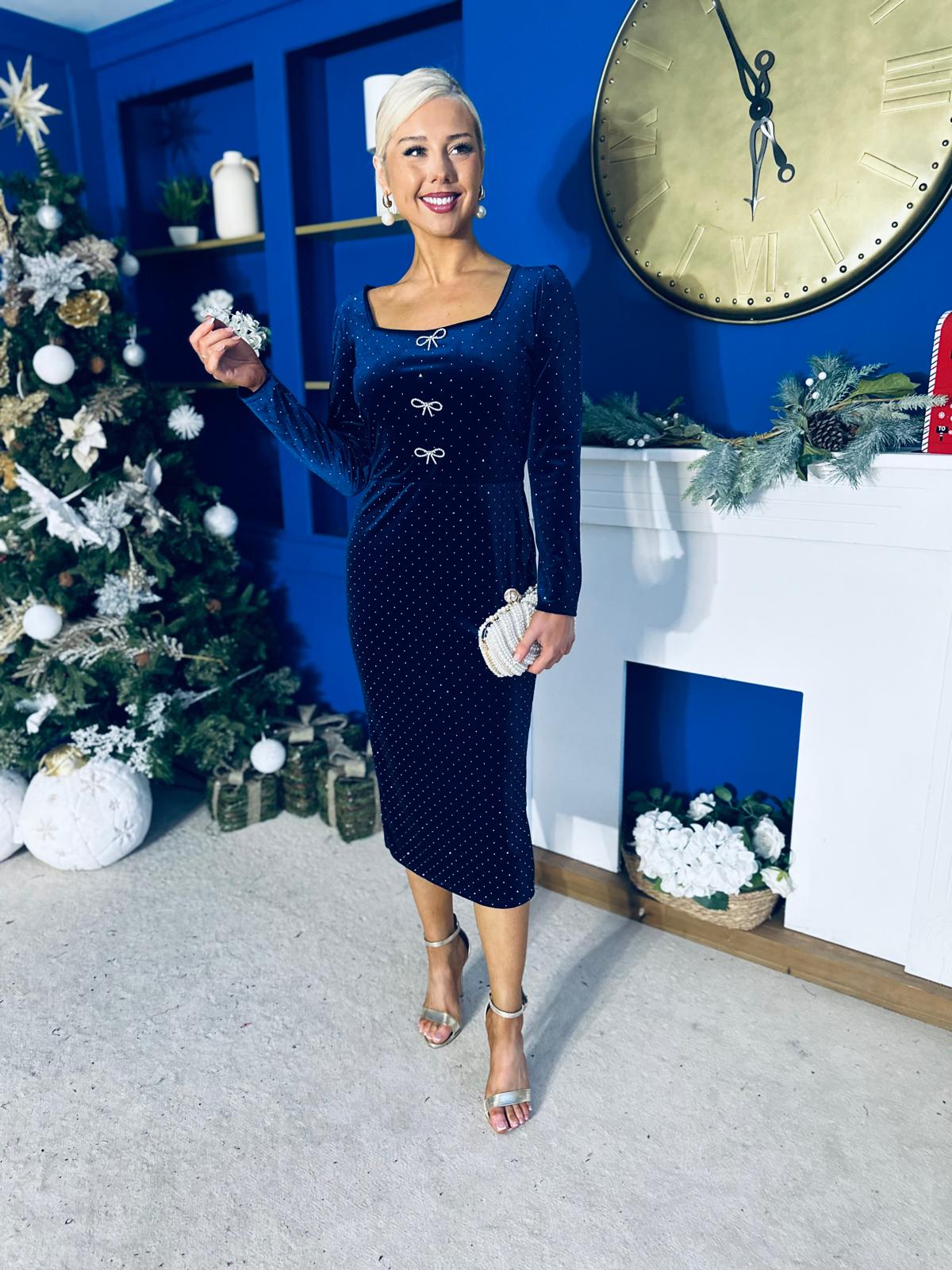 Gabby Bow Detail Velvet Midi Dress Navy