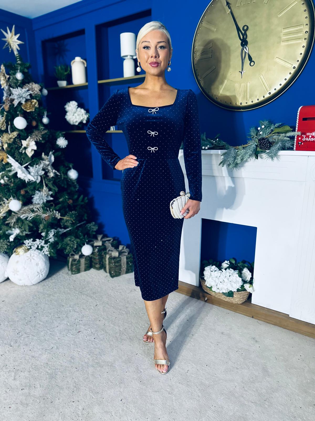 Gabby Bow Detail Velvet Midi Dress Navy