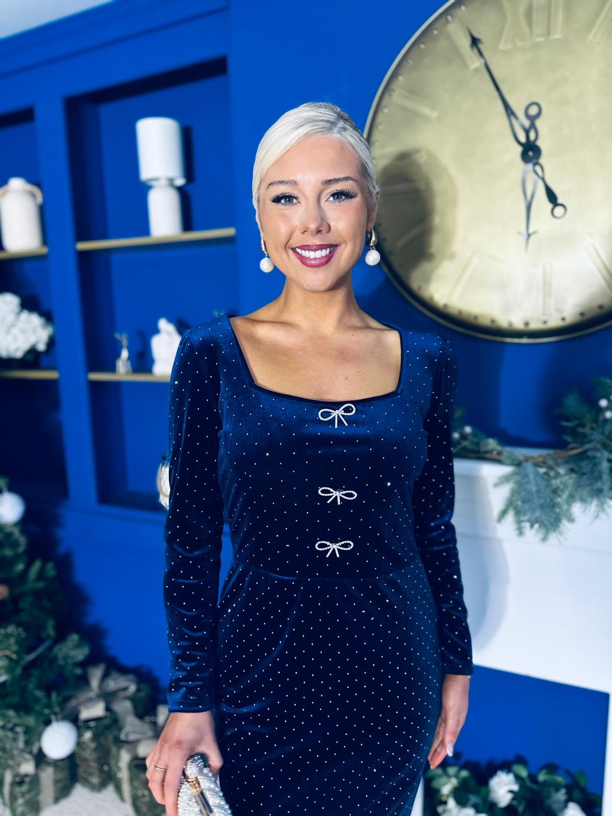 Gabby Bow Detail Velvet Midi Dress Navy