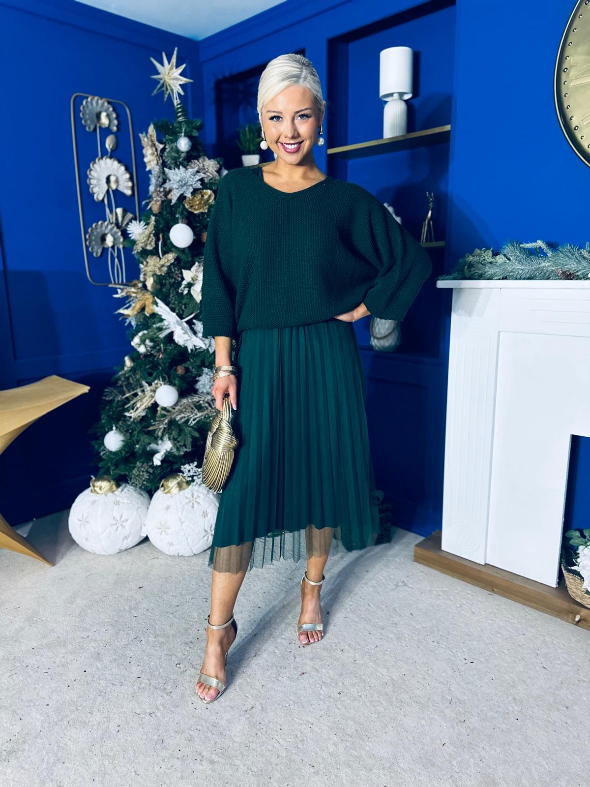 Rosie Knit & Tulle Midi Dress Forest