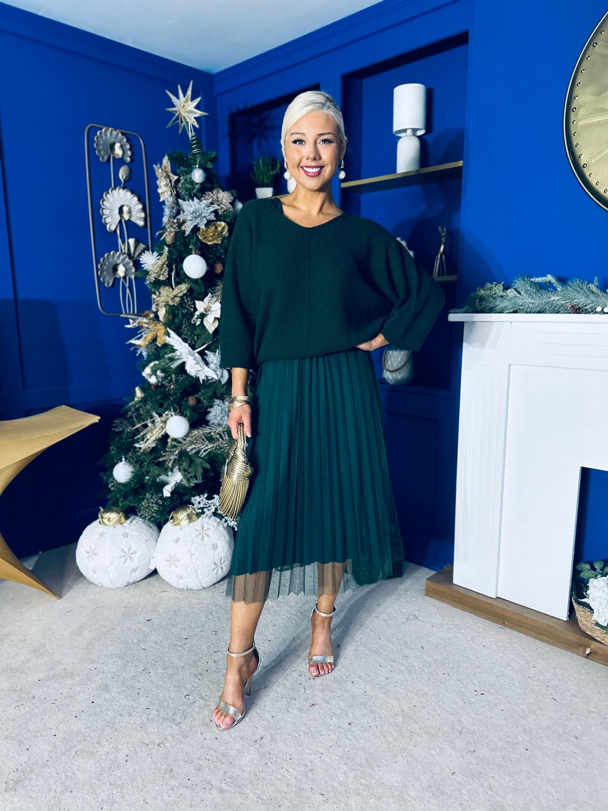 Rosie Knit & Tulle Midi Dress Forest