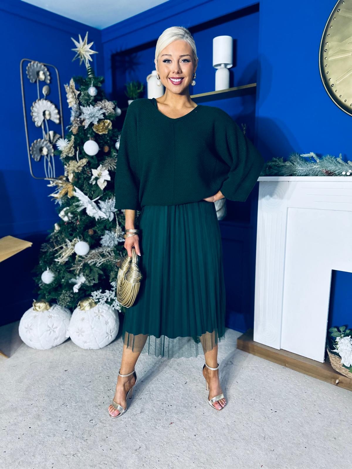 Rosie Knit & Tulle Midi Dress Forest