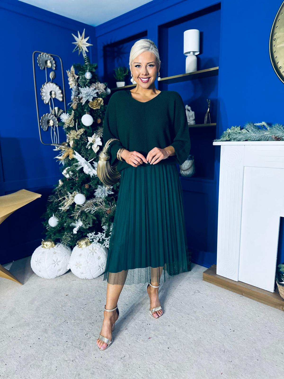 Rosie Knit & Tulle Midi Dress Forest