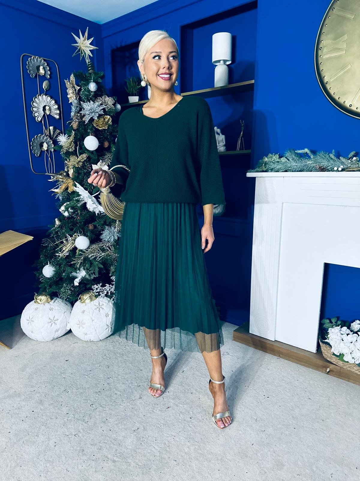 Rosie Knit & Tulle Midi Dress Forest