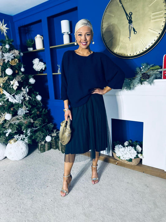 Rosie Knit & Tulle Midi Dress Navy