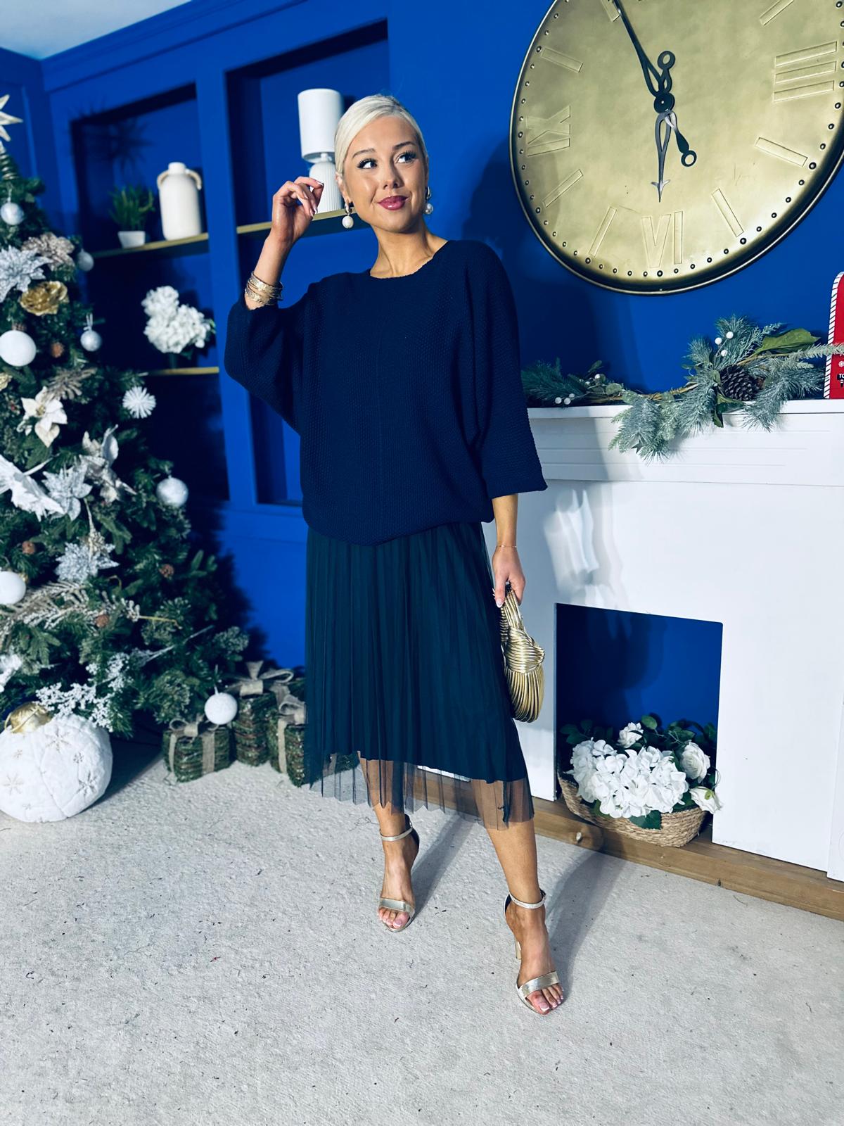 Rosie Knit & Tulle Midi Dress Navy