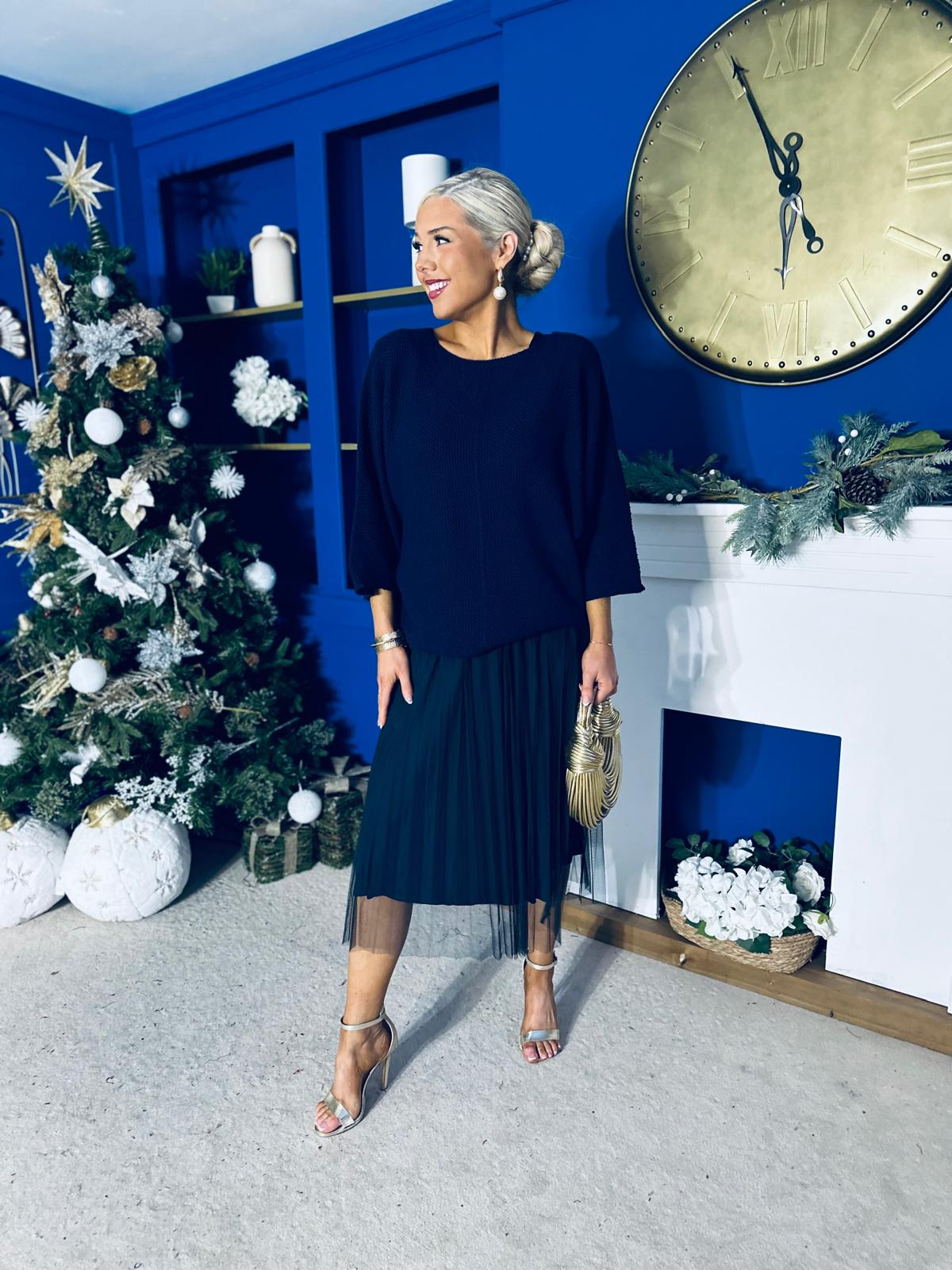 Rosie Knit & Tulle Midi Dress Navy