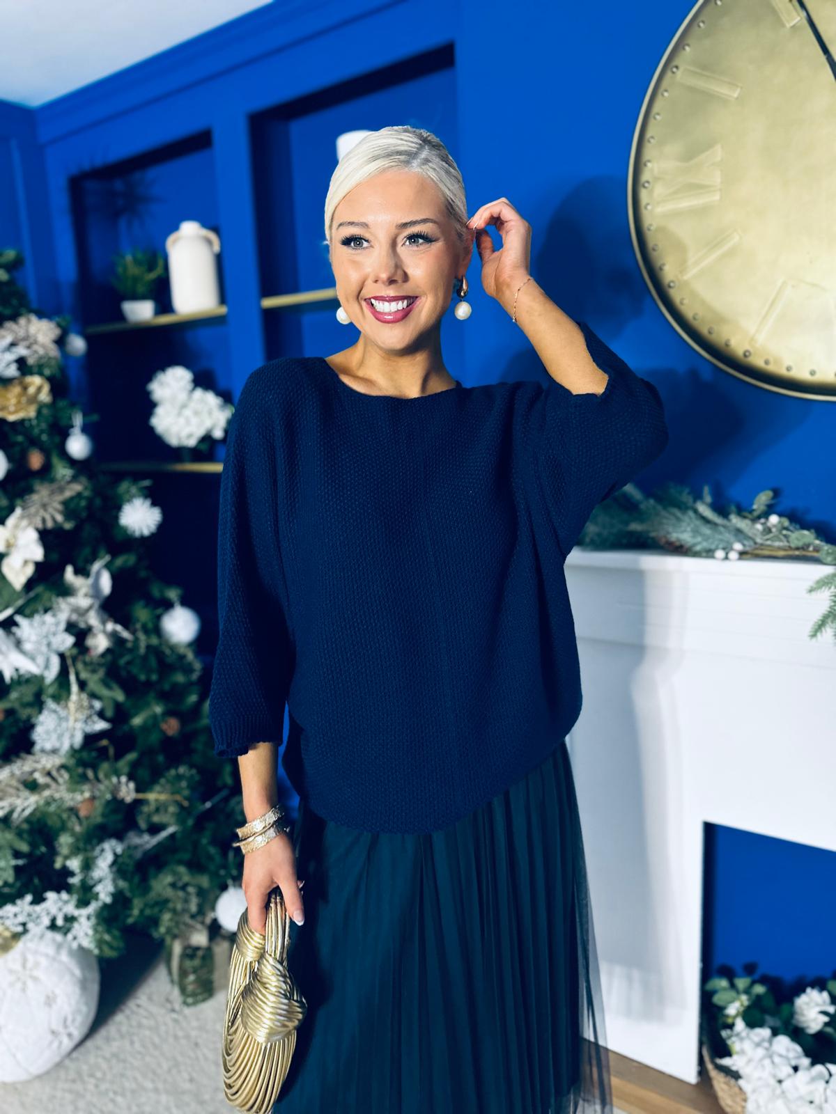 Rosie Knit & Tulle Midi Dress Navy