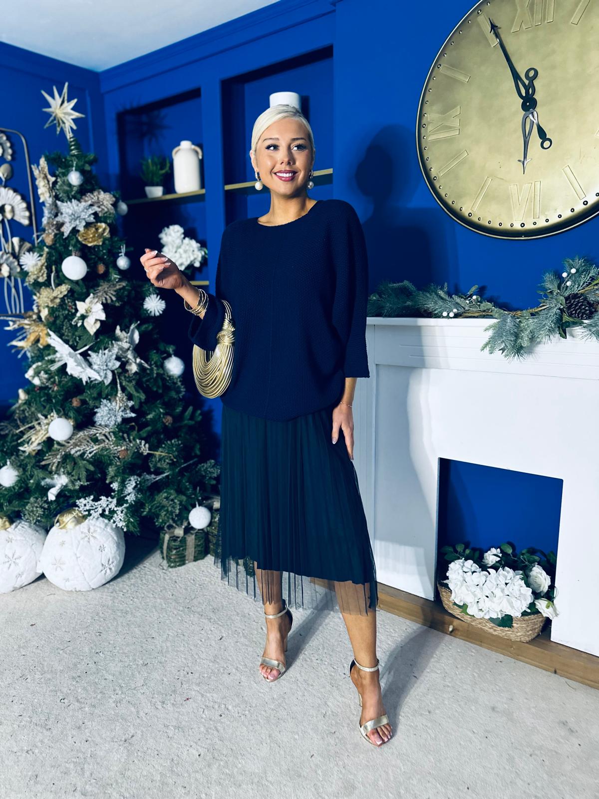 Rosie Knit & Tulle Midi Dress Navy