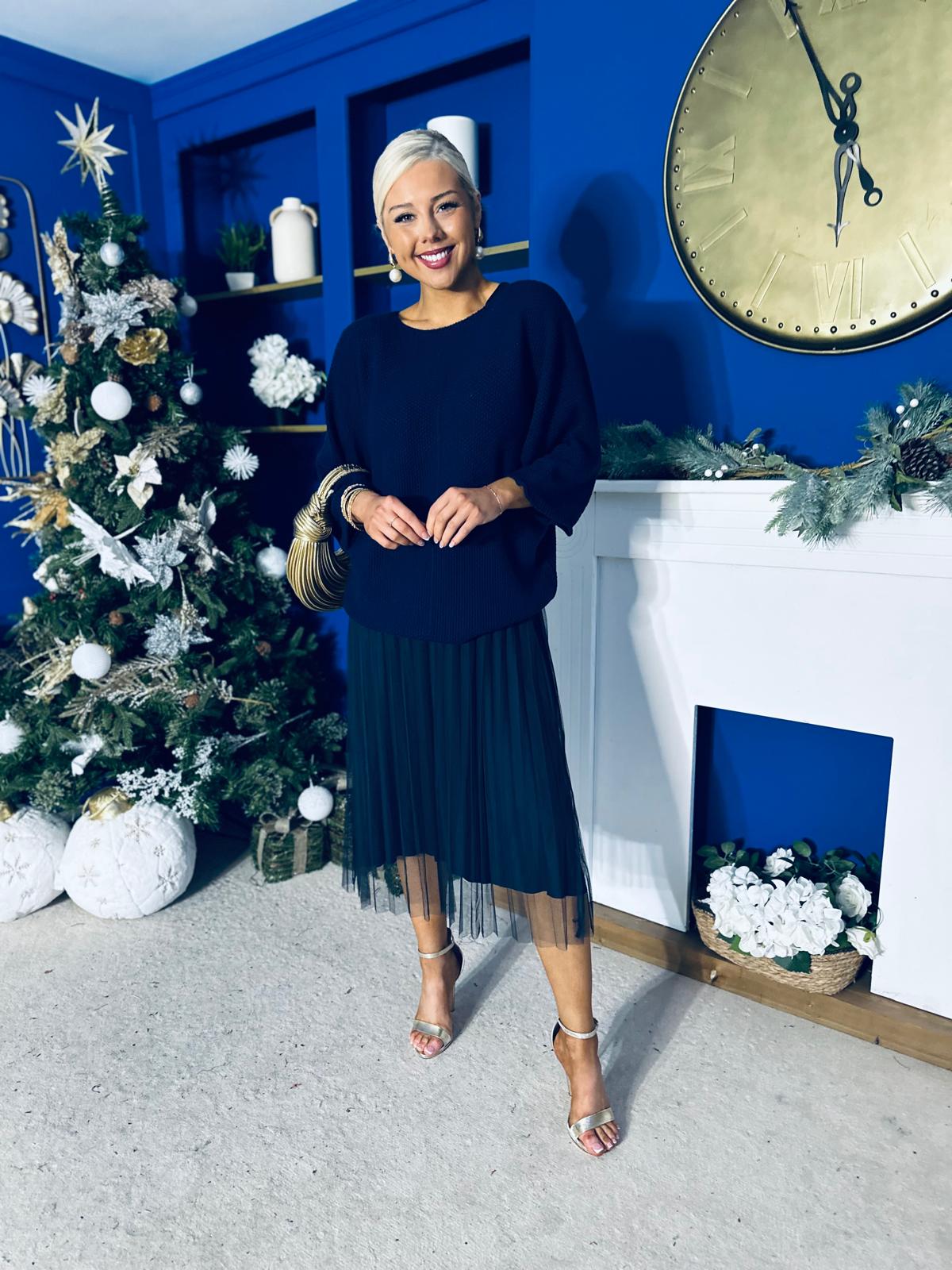 Rosie Knit & Tulle Midi Dress Navy