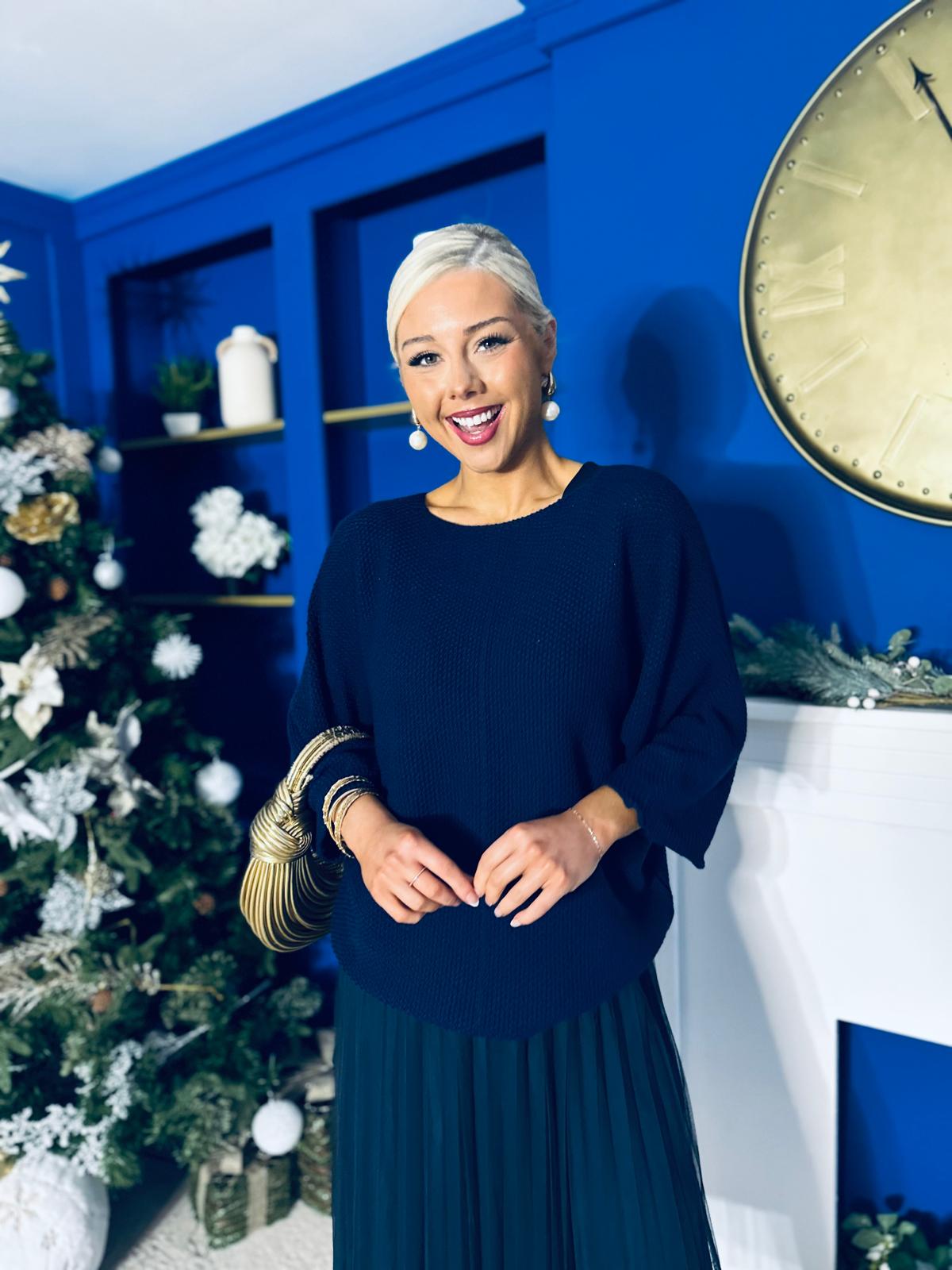 Rosie Knit & Tulle Midi Dress Navy