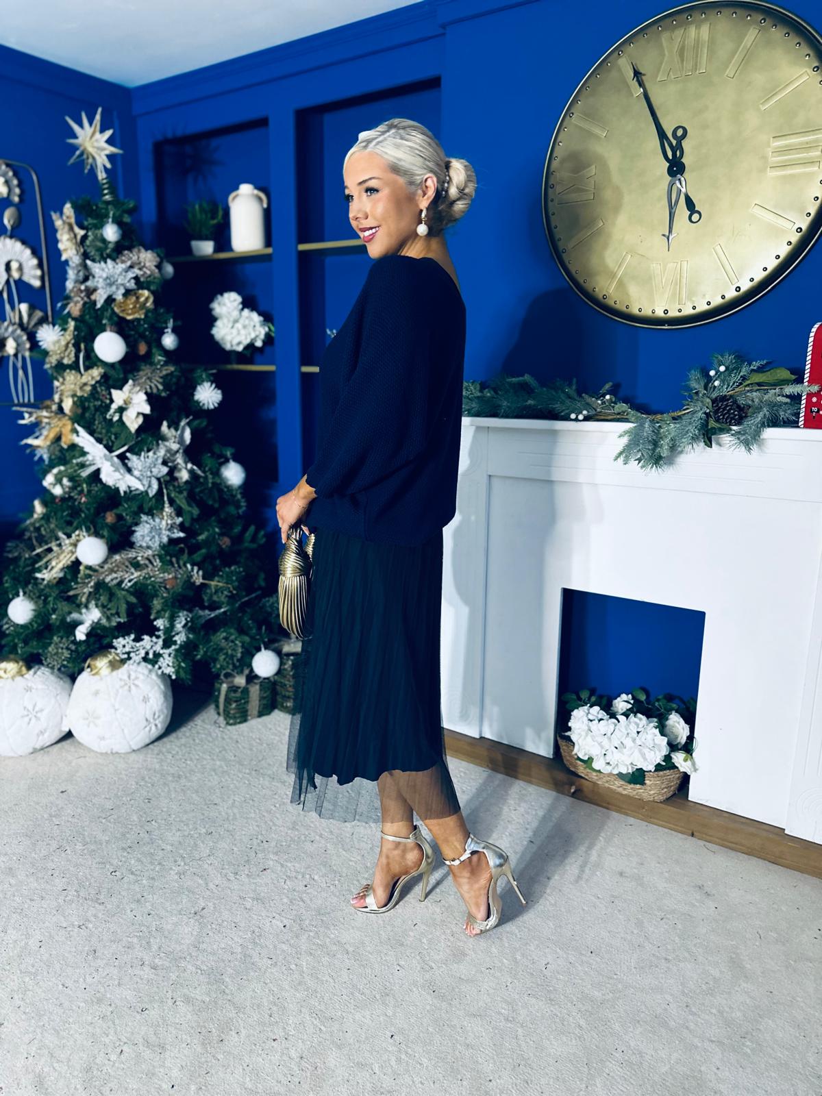 Rosie Knit & Tulle Midi Dress Navy