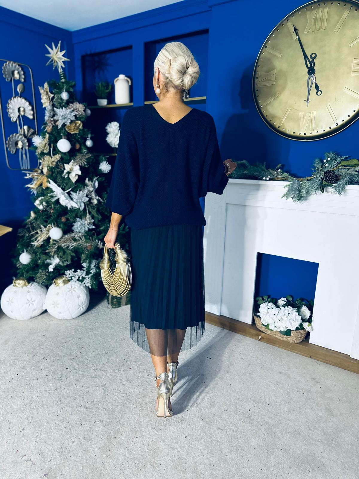 Rosie Knit & Tulle Midi Dress Navy