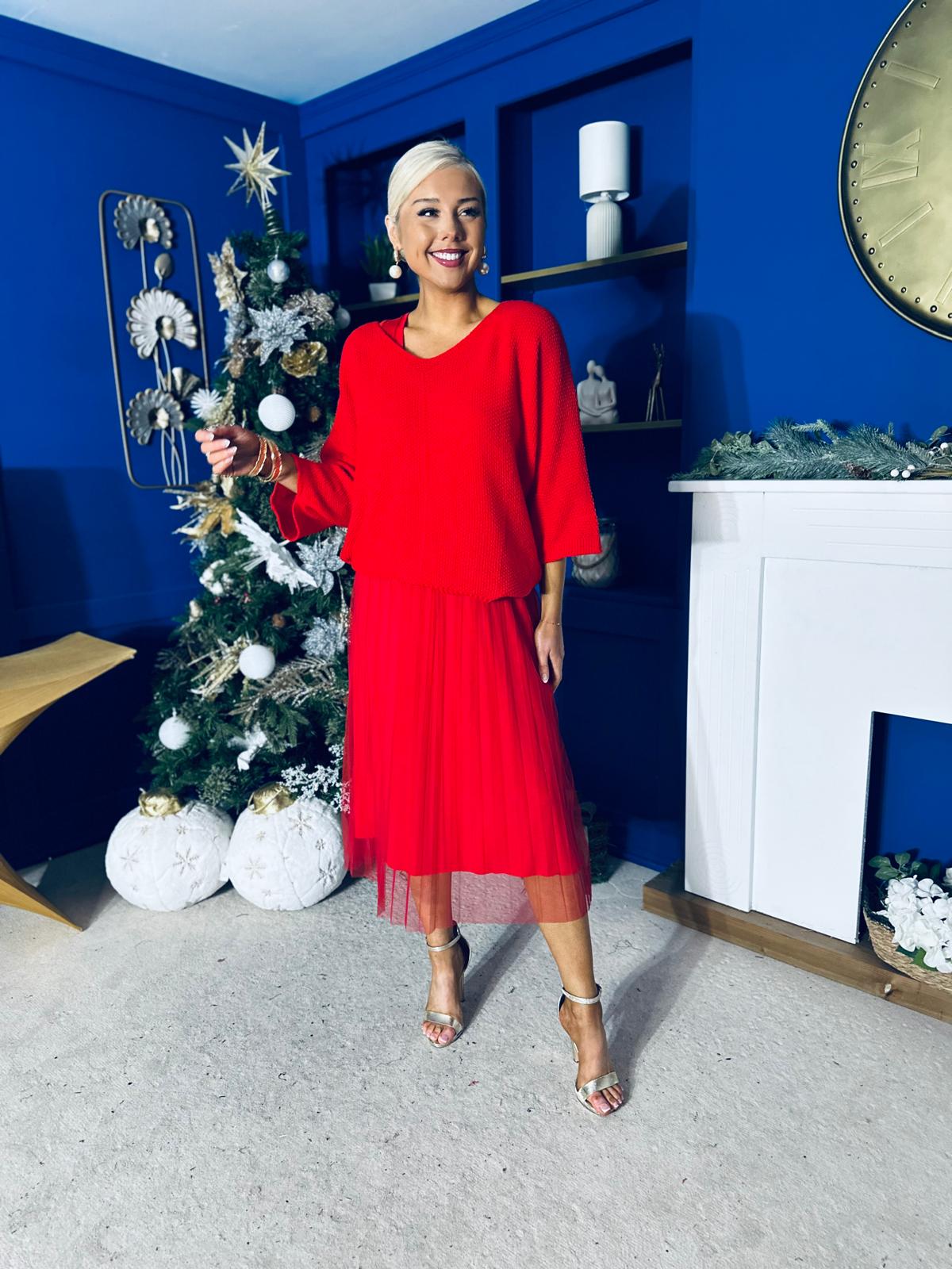 Rosie Knit & Tulle Midi Dress Red