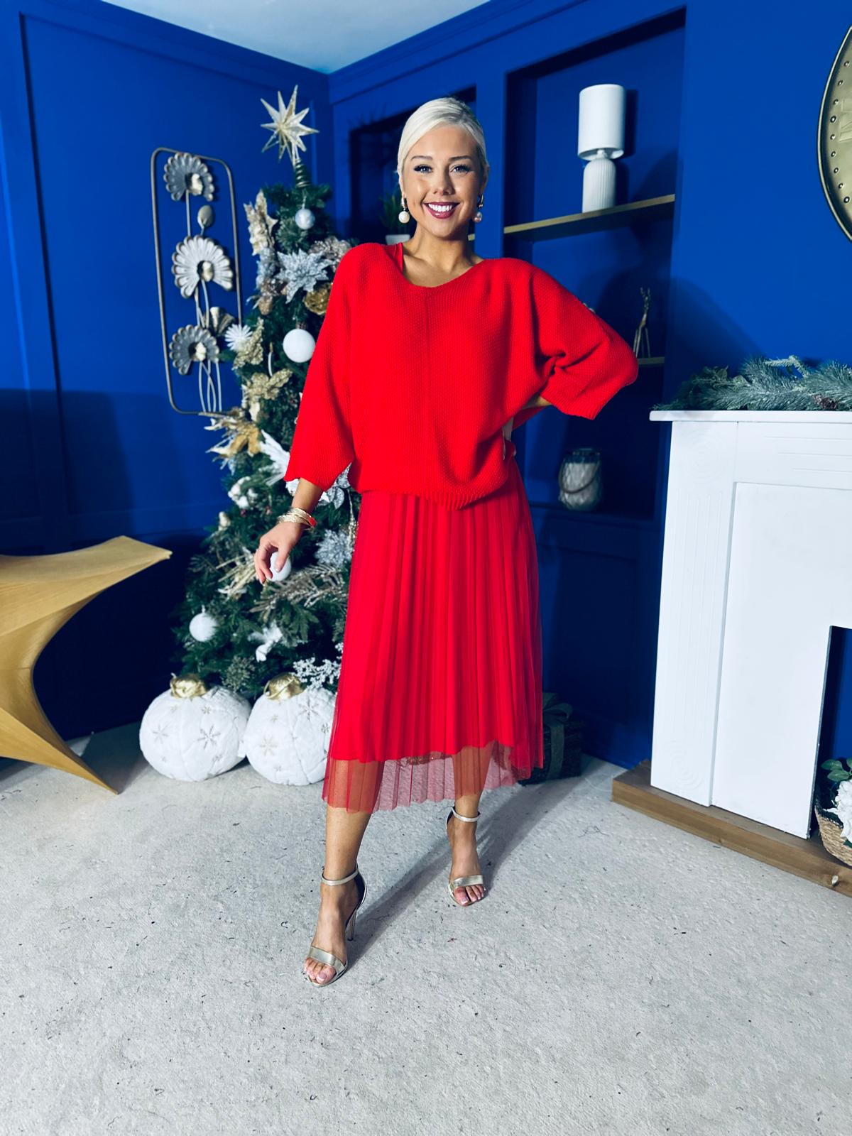 Rosie Knit & Tulle Midi Dress Red