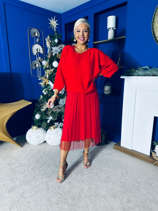 Rosie Knit & Tulle Midi Dress Red