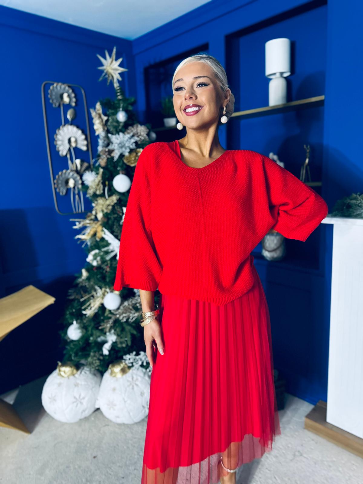 Rosie Knit & Tulle Midi Dress Red