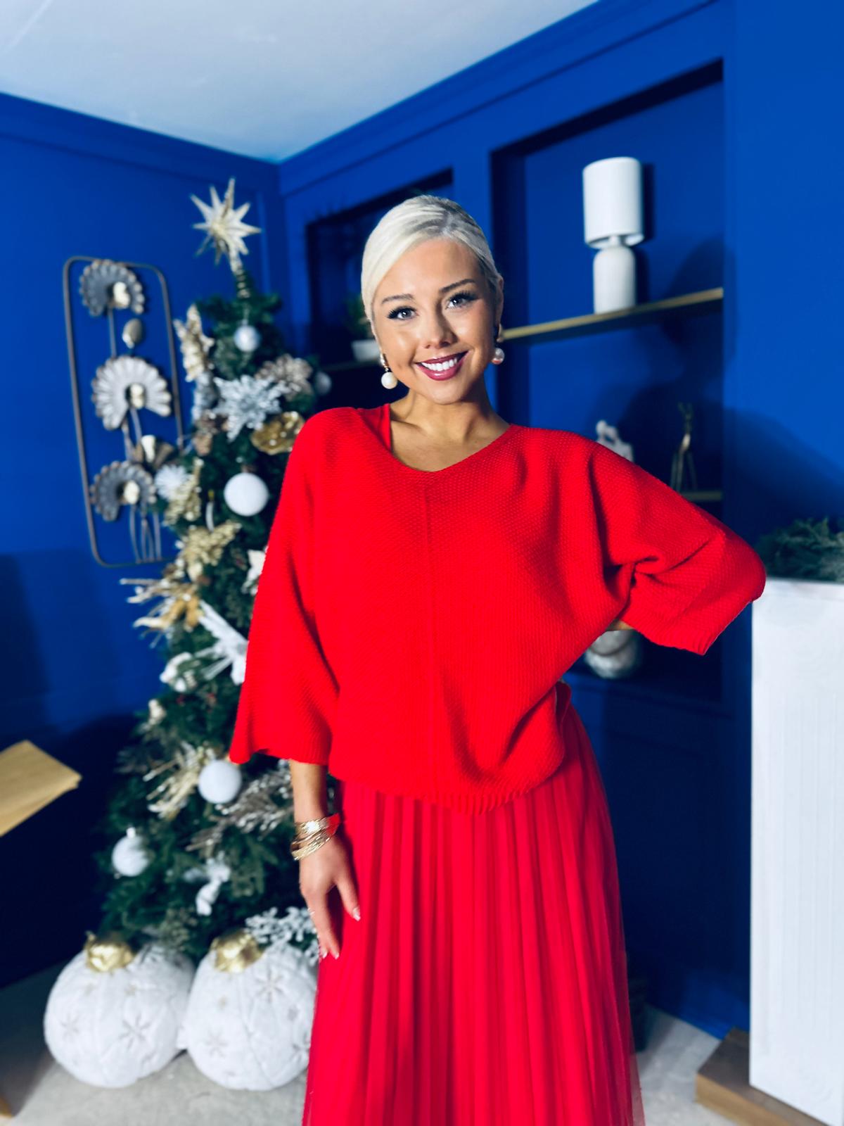 Rosie Knit & Tulle Midi Dress Red