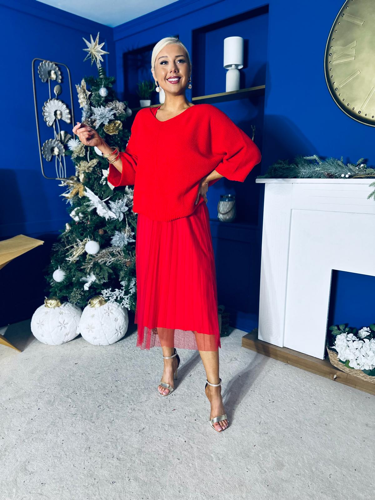 Rosie Knit & Tulle Midi Dress Red