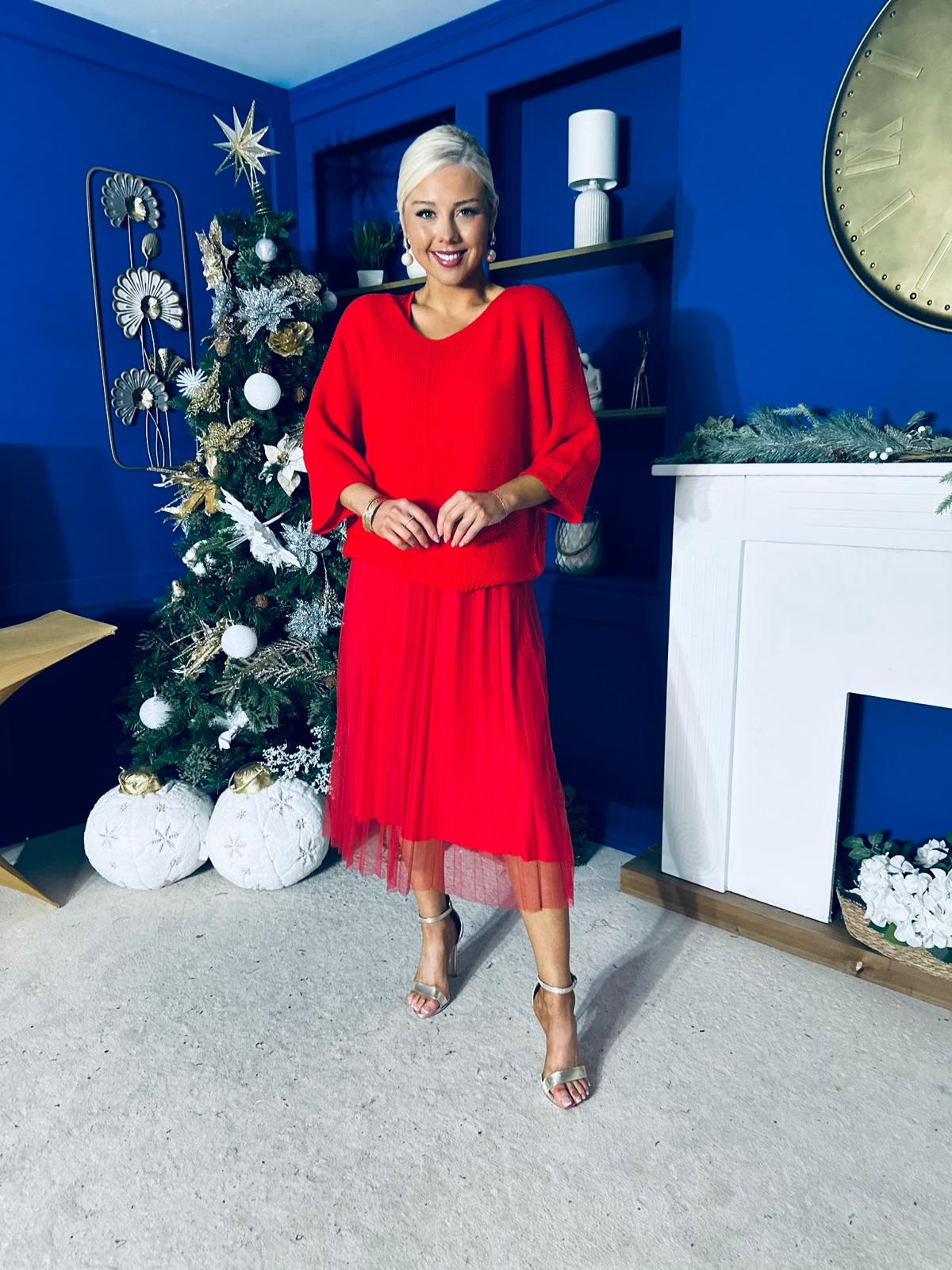 Rosie Knit & Tulle Midi Dress Red