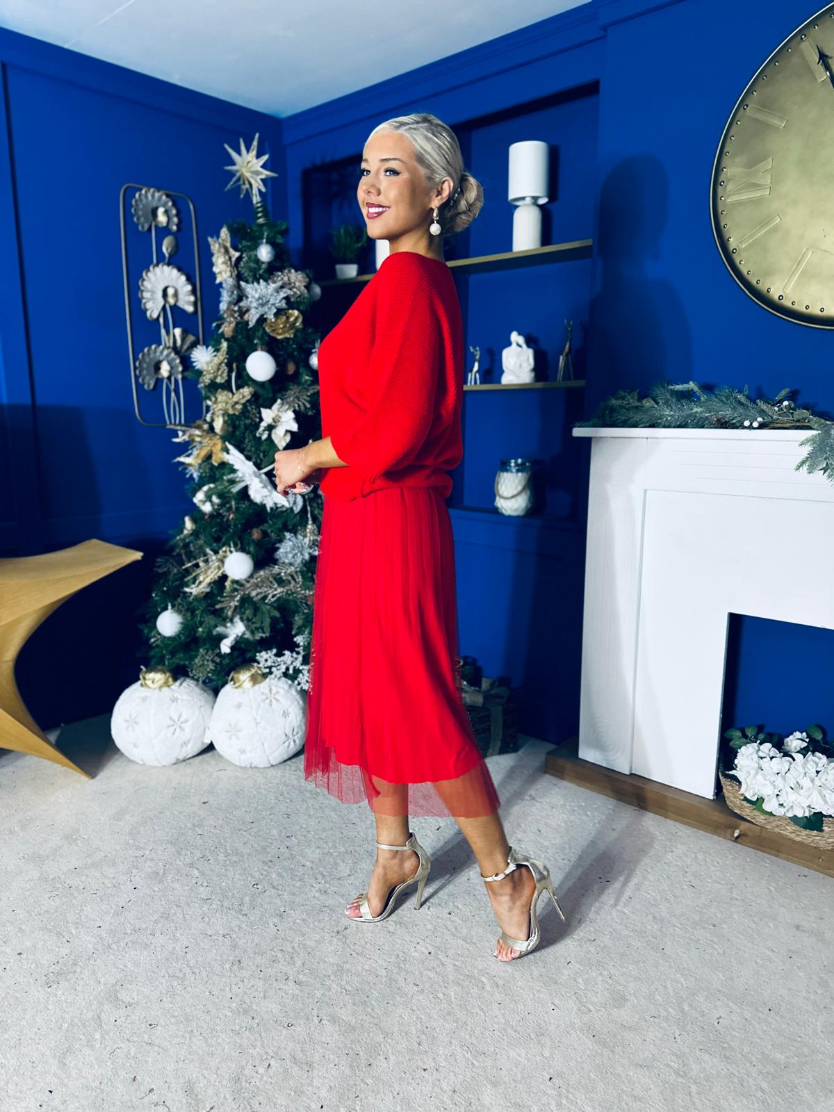 Rosie Knit & Tulle Midi Dress Red