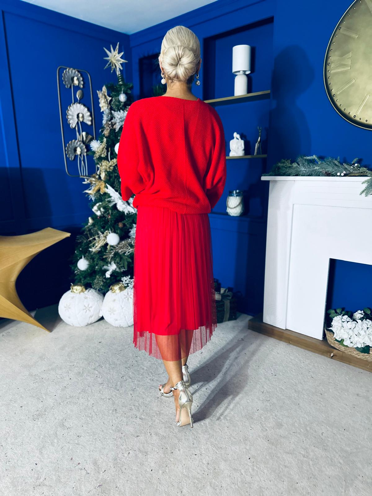 Rosie Knit & Tulle Midi Dress Red