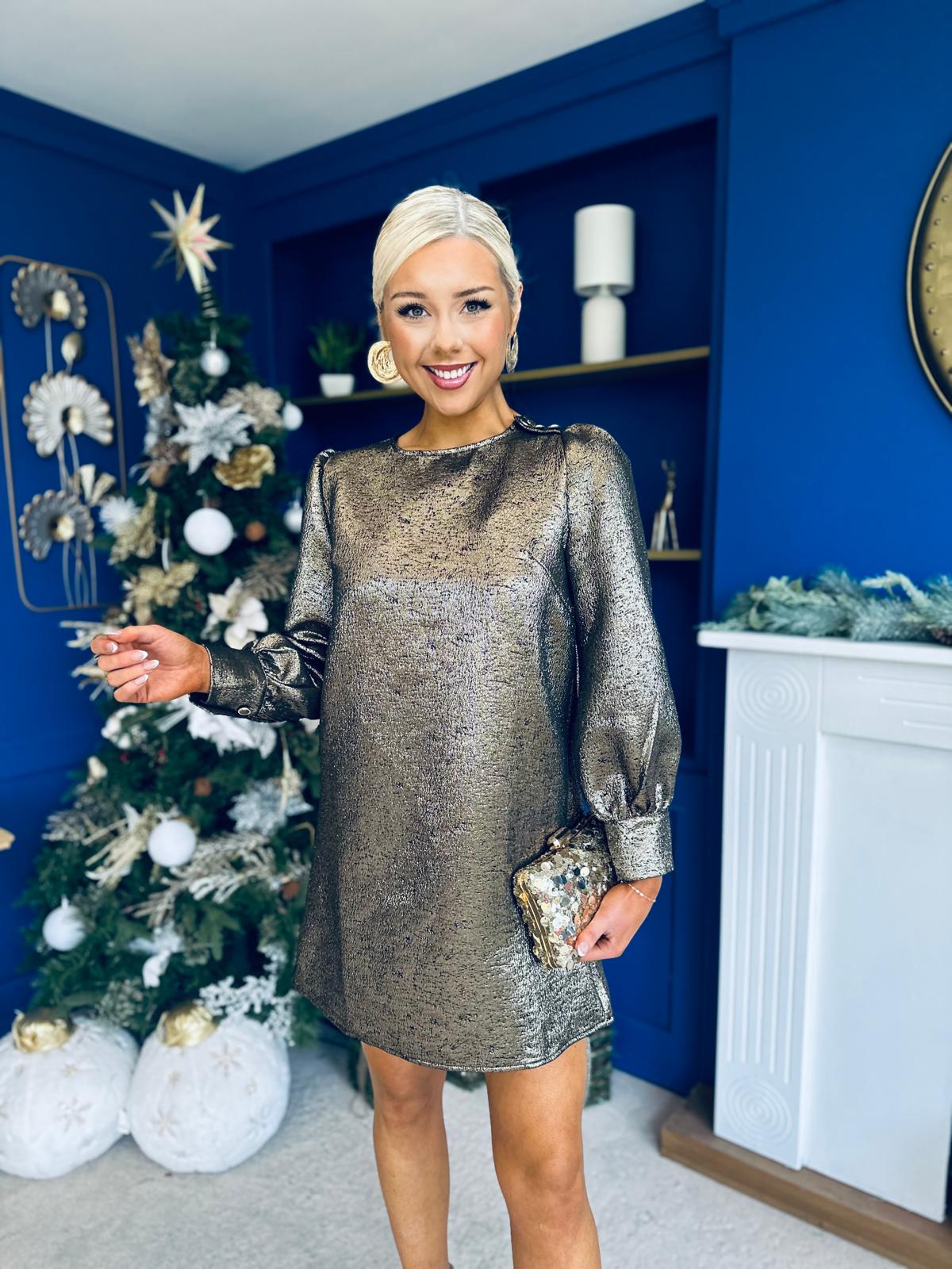 Paige Metallic Mini Shift Dress Gold