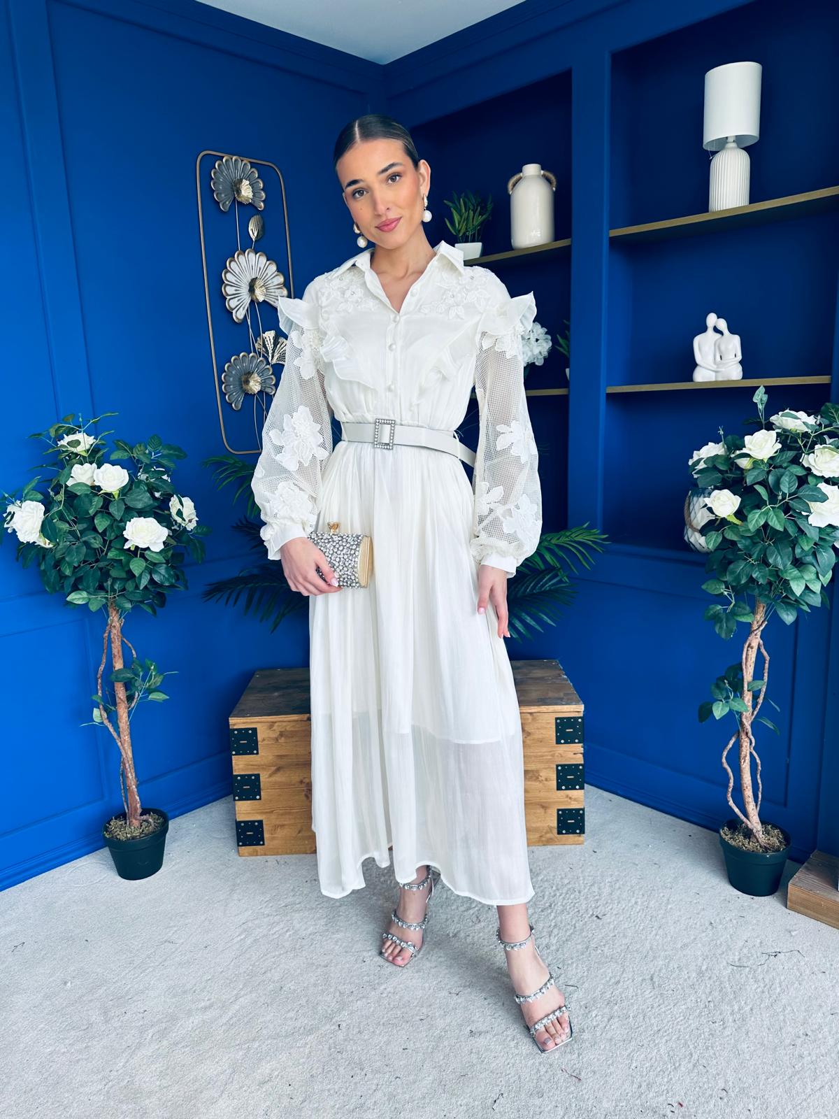 Mollie Floral Detail Midi Dress Cream