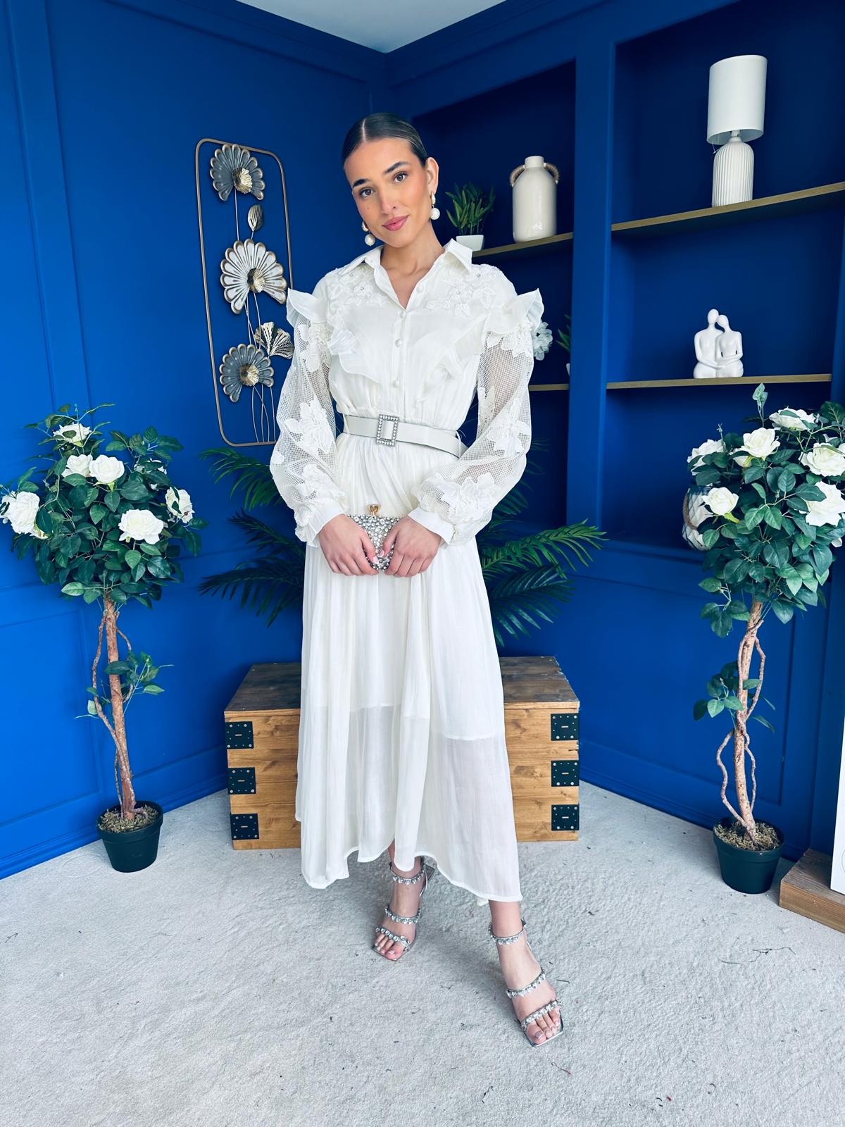 Mollie Floral Detail Midi Dress Cream