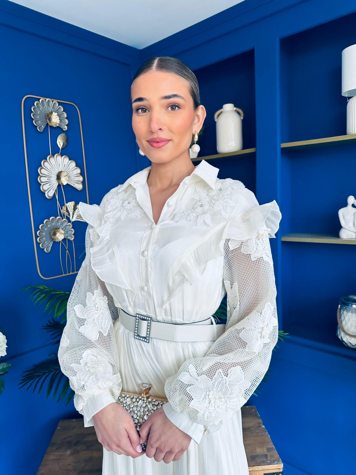 Mollie Floral Detail Midi Dress Cream