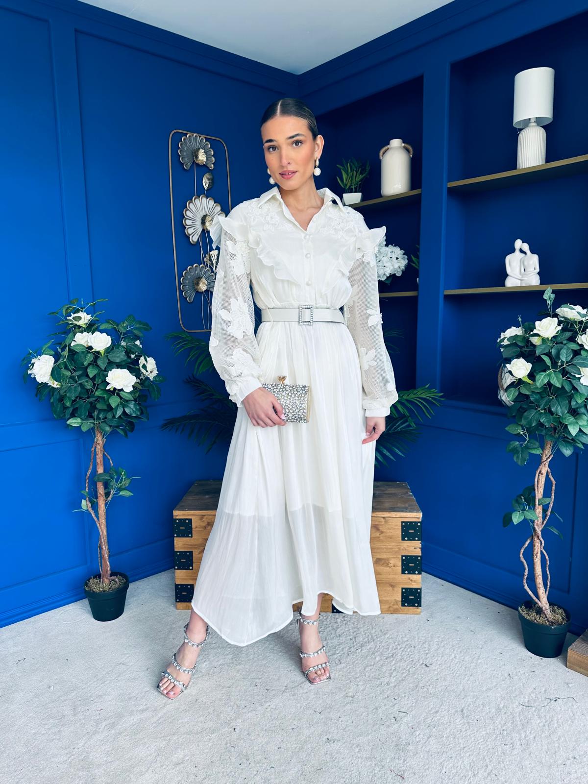 Mollie Floral Detail Midi Dress Cream