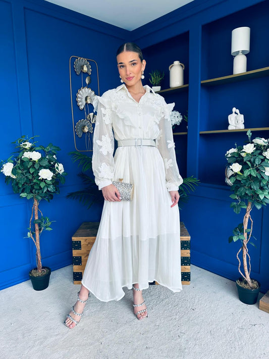 Mollie Floral Detail Midi Dress Cream