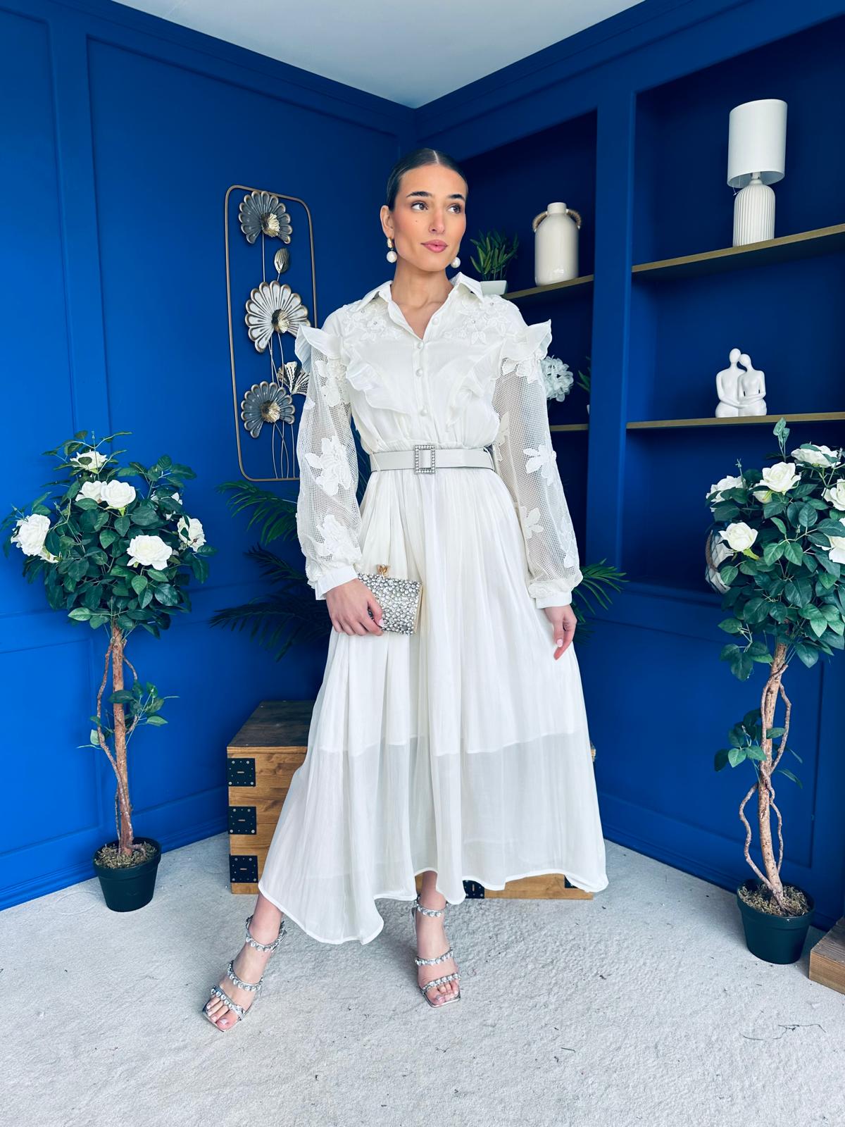 Mollie Floral Detail Midi Dress Cream