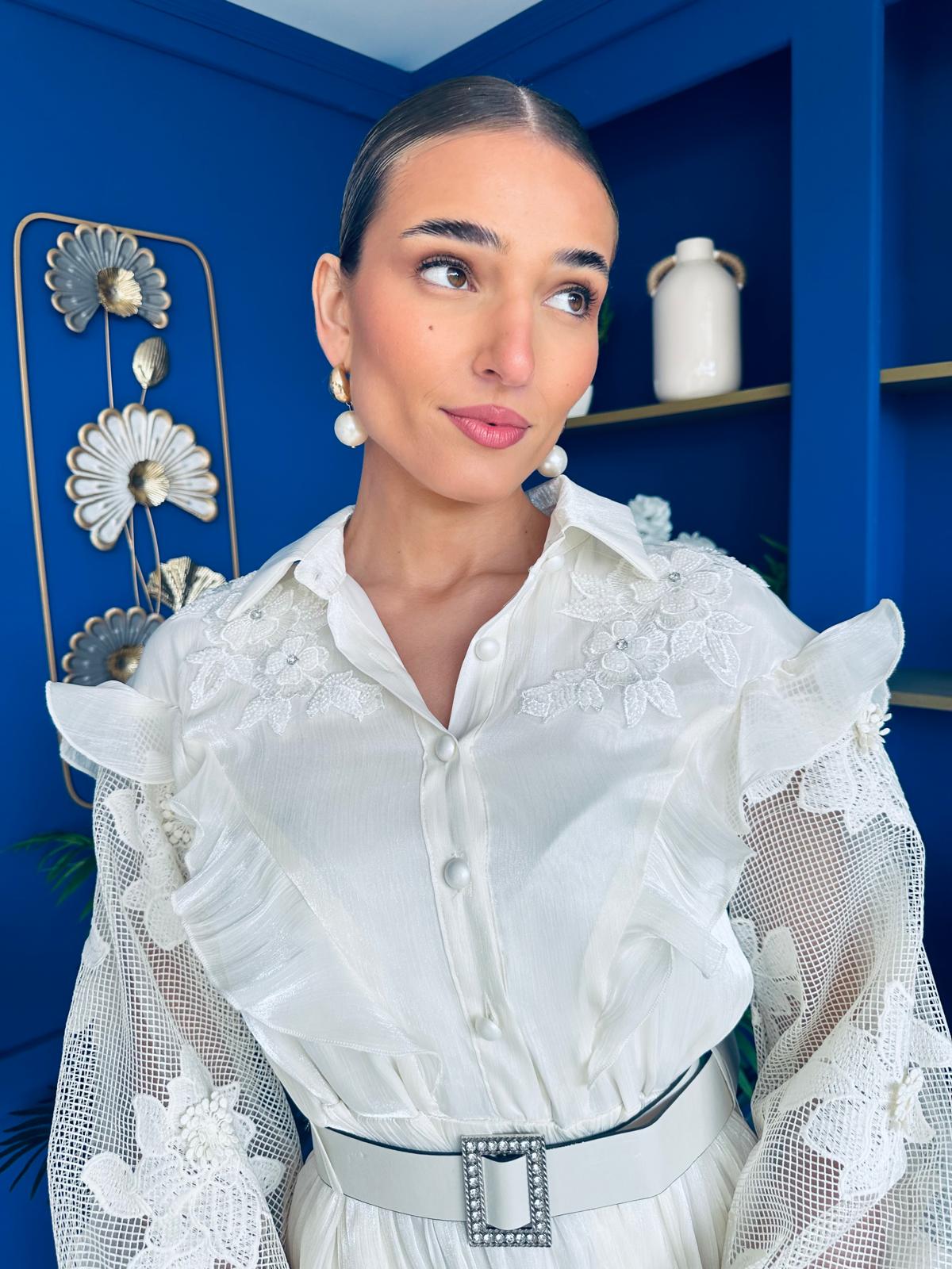 Mollie Floral Detail Midi Dress Cream