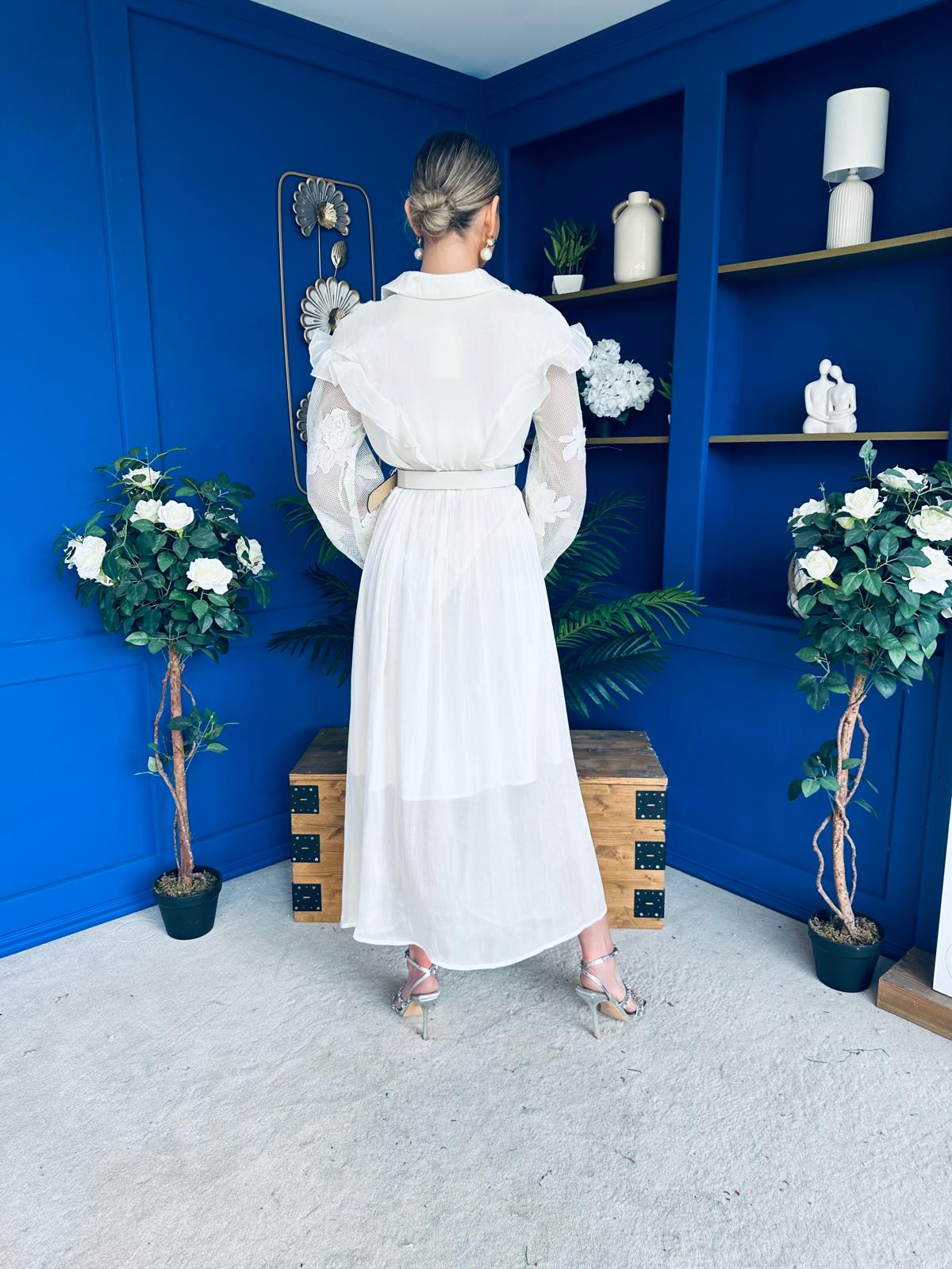 Mollie Floral Detail Midi Dress Cream