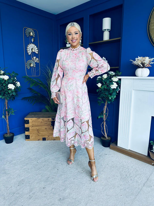 Sarah Detailed Crochet Occasion Dress Pink