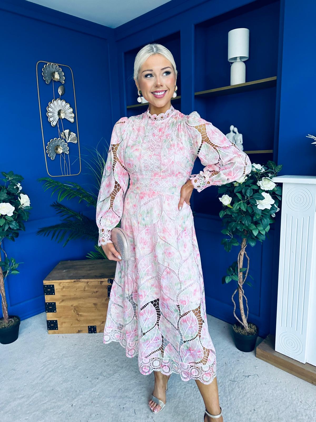 Sarah Detailed Crochet Occasion Dress Pink