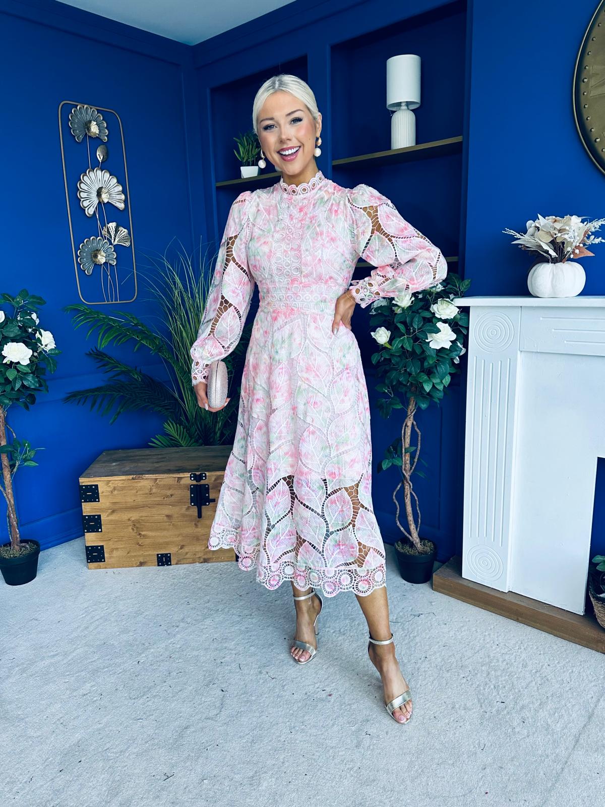 Sarah Detailed Crochet Occasion Dress Pink