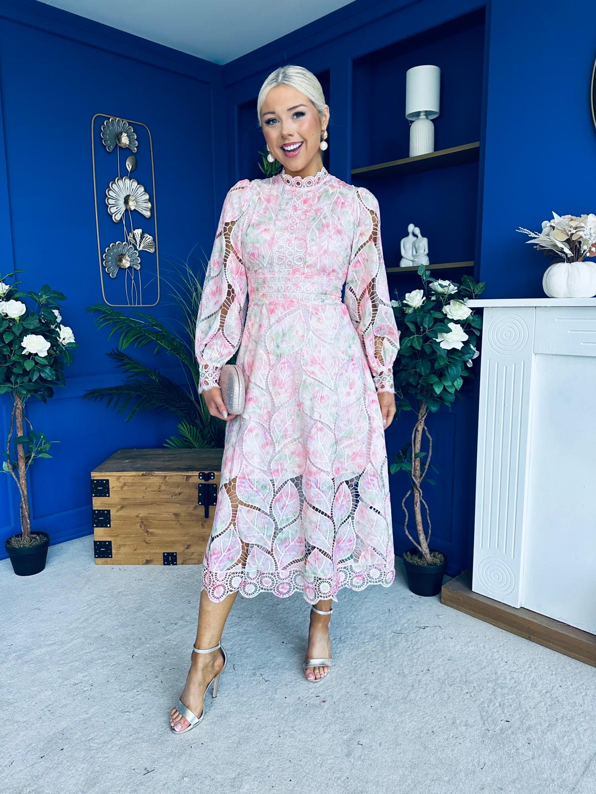 Sarah Detailed Crochet Occasion Dress Pink